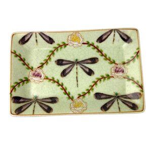 Dragonfly Small Trinket Dish Rose Floral Rectangular Ceramic Crackle Finish